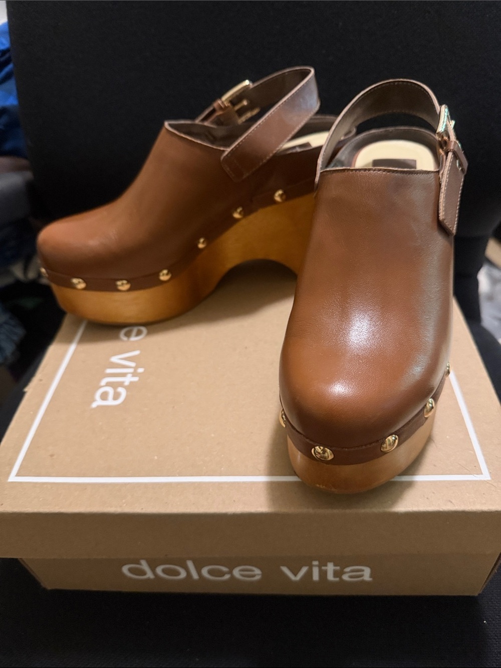 Dolce Vita Cognac Leather Platform Clogs with Gold Studs